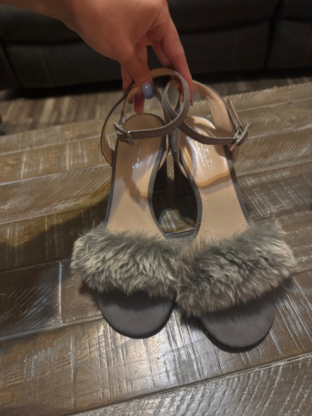 Charles By Charles David Gray Faux Fur Ankle-Strap Heels